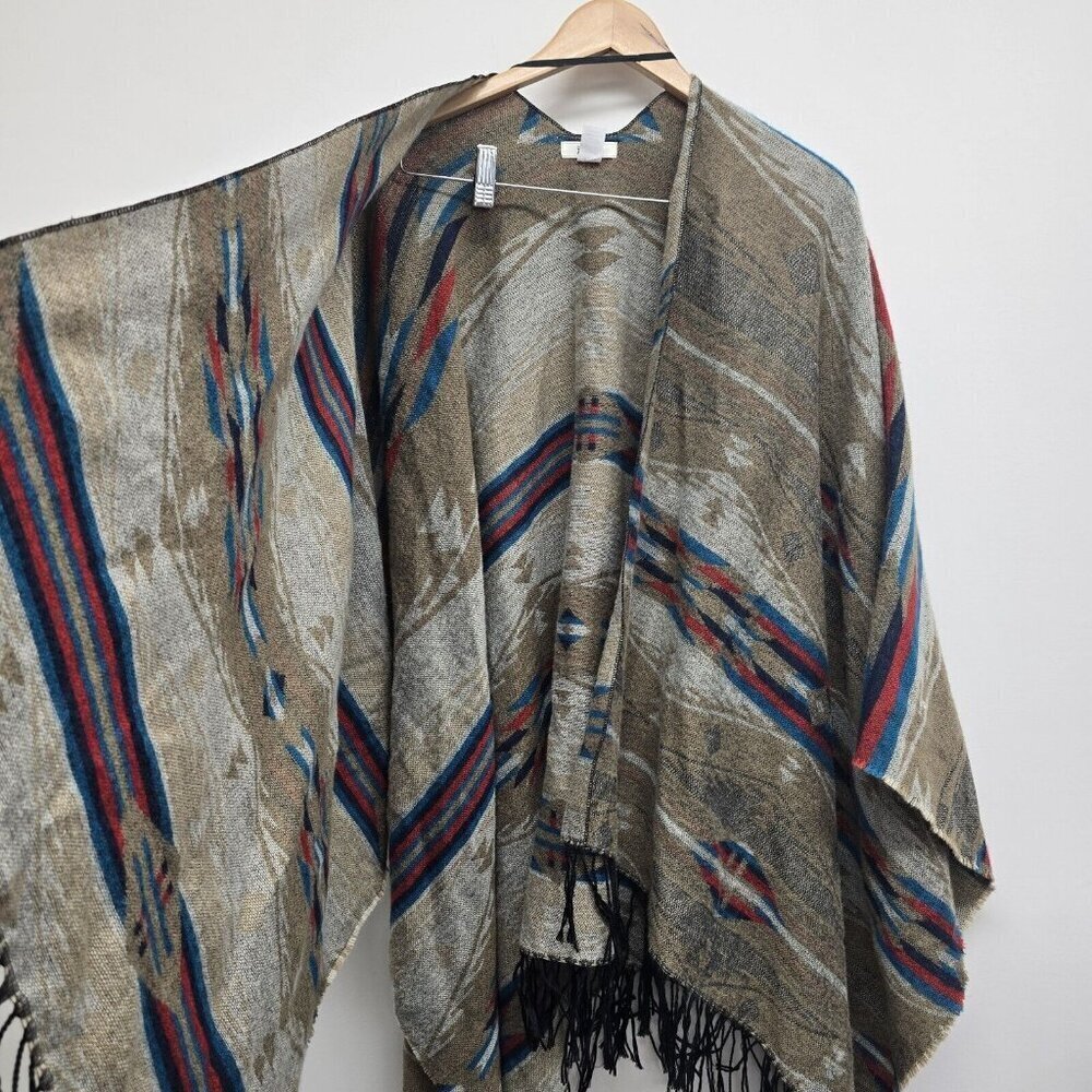 Mudd Western Aztec Southwest Oversized Poncho Sweater Shawl Fringe OSFM - Picture 4 of 5